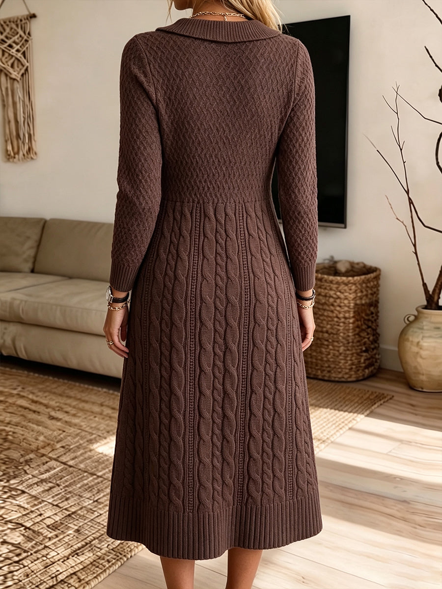 🤲LAST DAY SAVE 49% ⏰Classic Brown Cable-Knit Collar Midi Dress