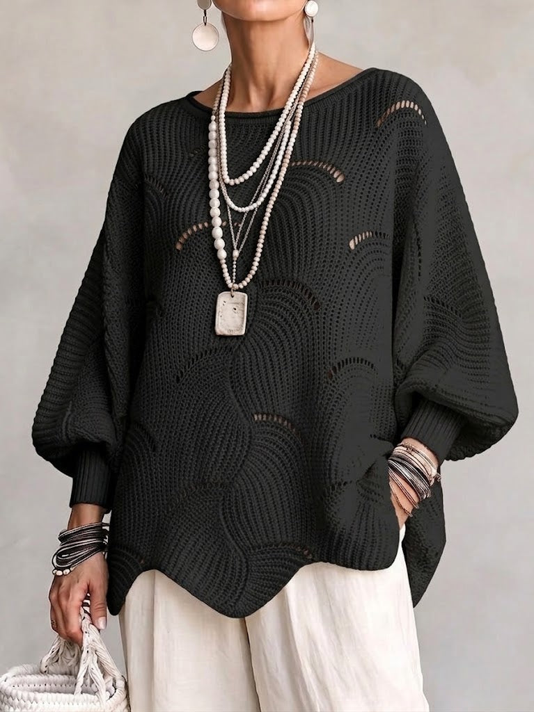 🤲LAST DAY SAVE 49% ⏰Hollow Wave Pattern Loose Lantern Sleeve Knit Top