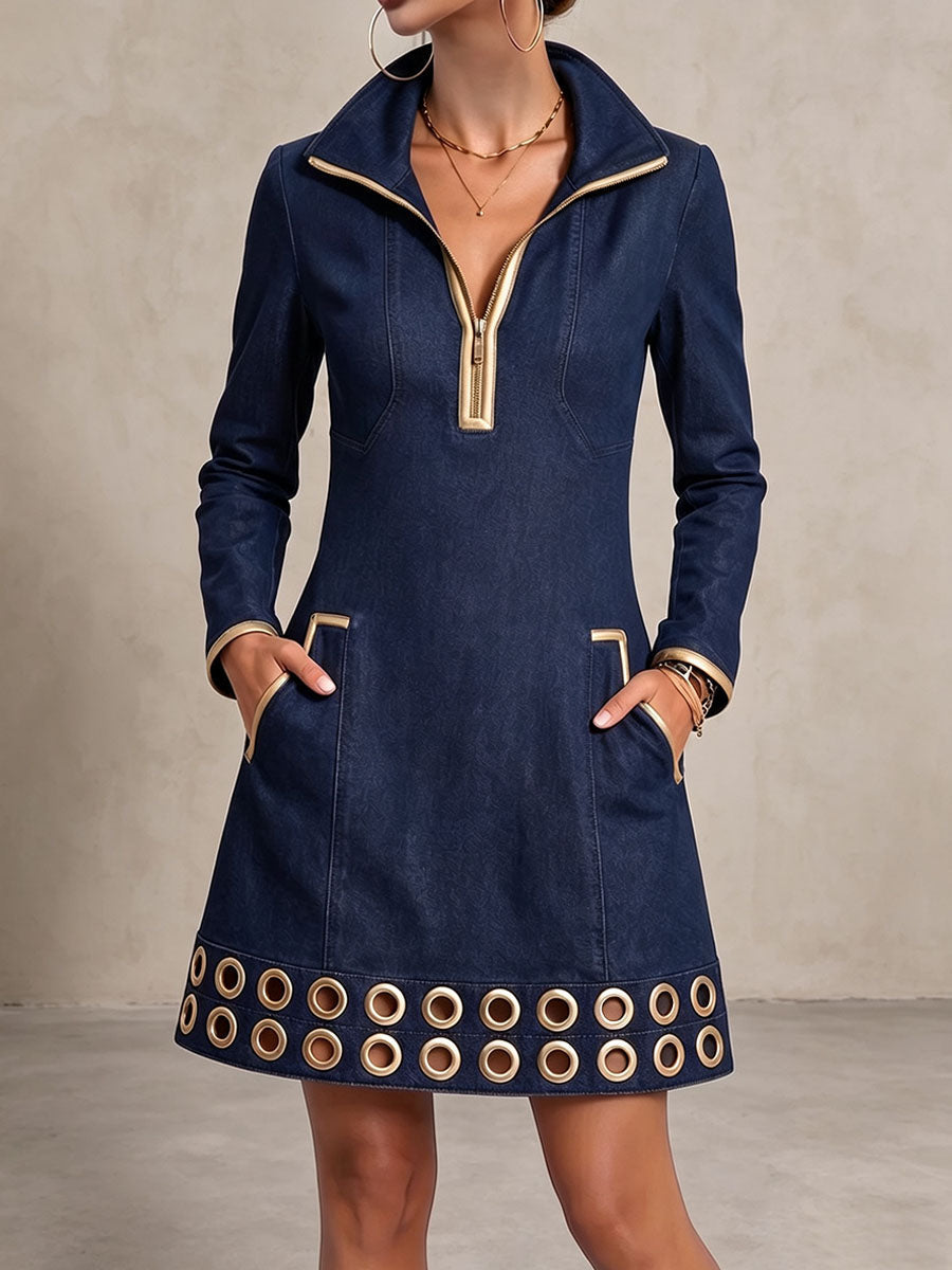 🤲LAST DAY SAVE 49% ⏰Women's Long-sleeved Casual Loose Denim Dress With Gold Trim And Metallic Eyelets