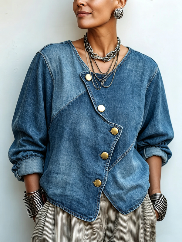 🤲LAST DAY SAVE 49% ⏰Artisti Cozy Asymmetrical Denim Blouse