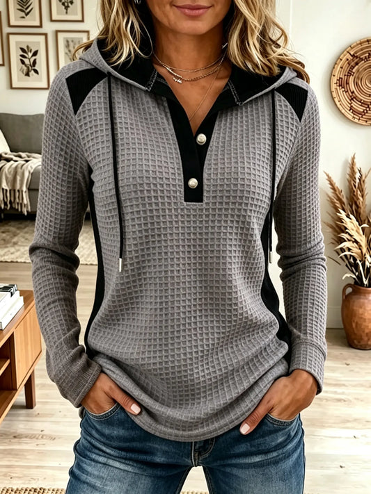 💛LAST DAY SAVE 49% ⏰Women's Waffle Knit Colorblock Henley Hoodie