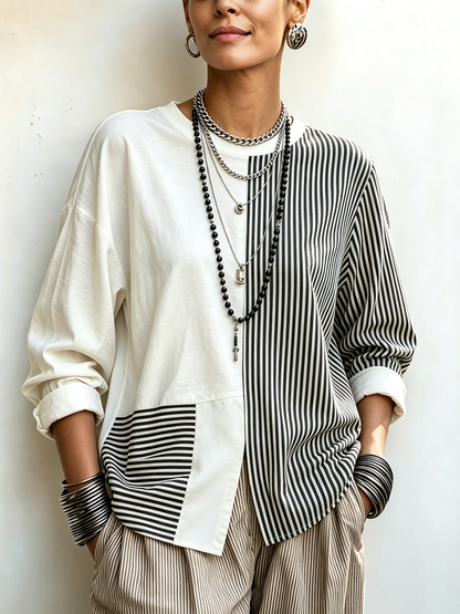 🤲LAST DAY SAVE 49% 🧡Chic Asymmetric Black And White Striped Statement Top