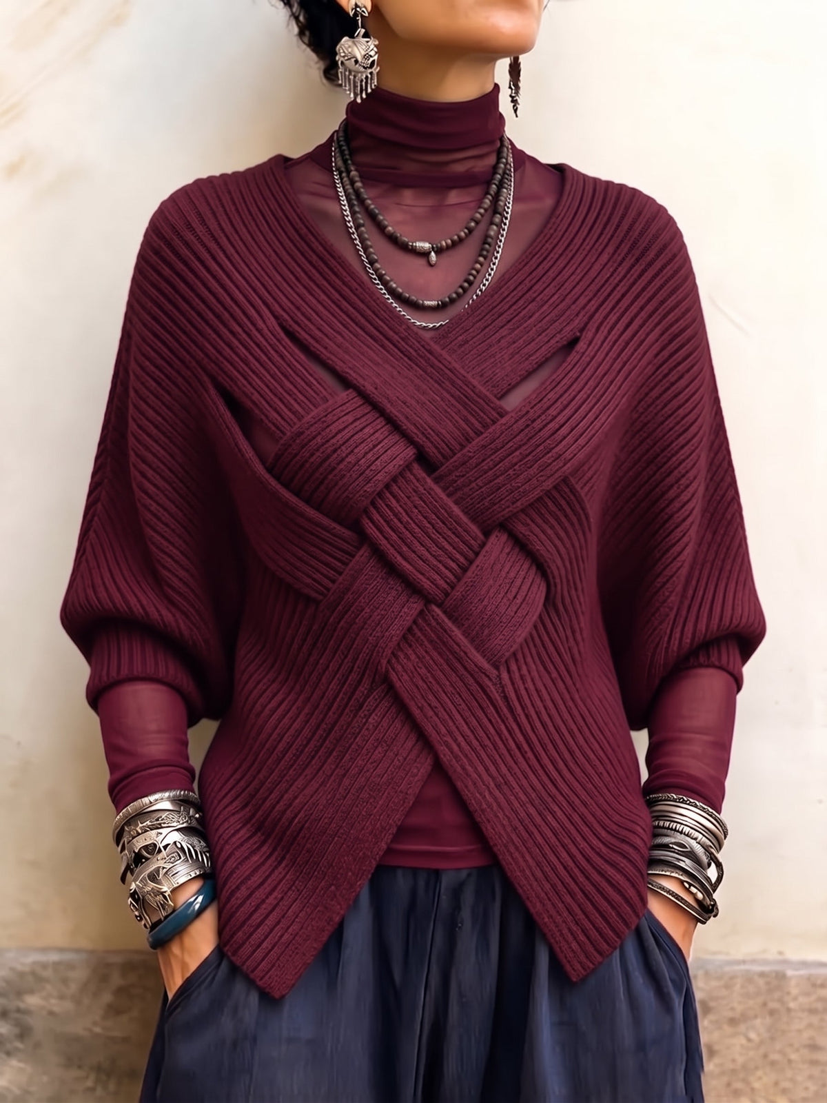 💛LAST DAY SAVE 49% ⏰Artistic Interwoven Ribbed Batwing Knit Sweater