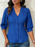 💛Lace-paneled V-neck Blouse Featuring Vertical Pleats, A Fitted Waist, And Puff Three-quarter Sleeves