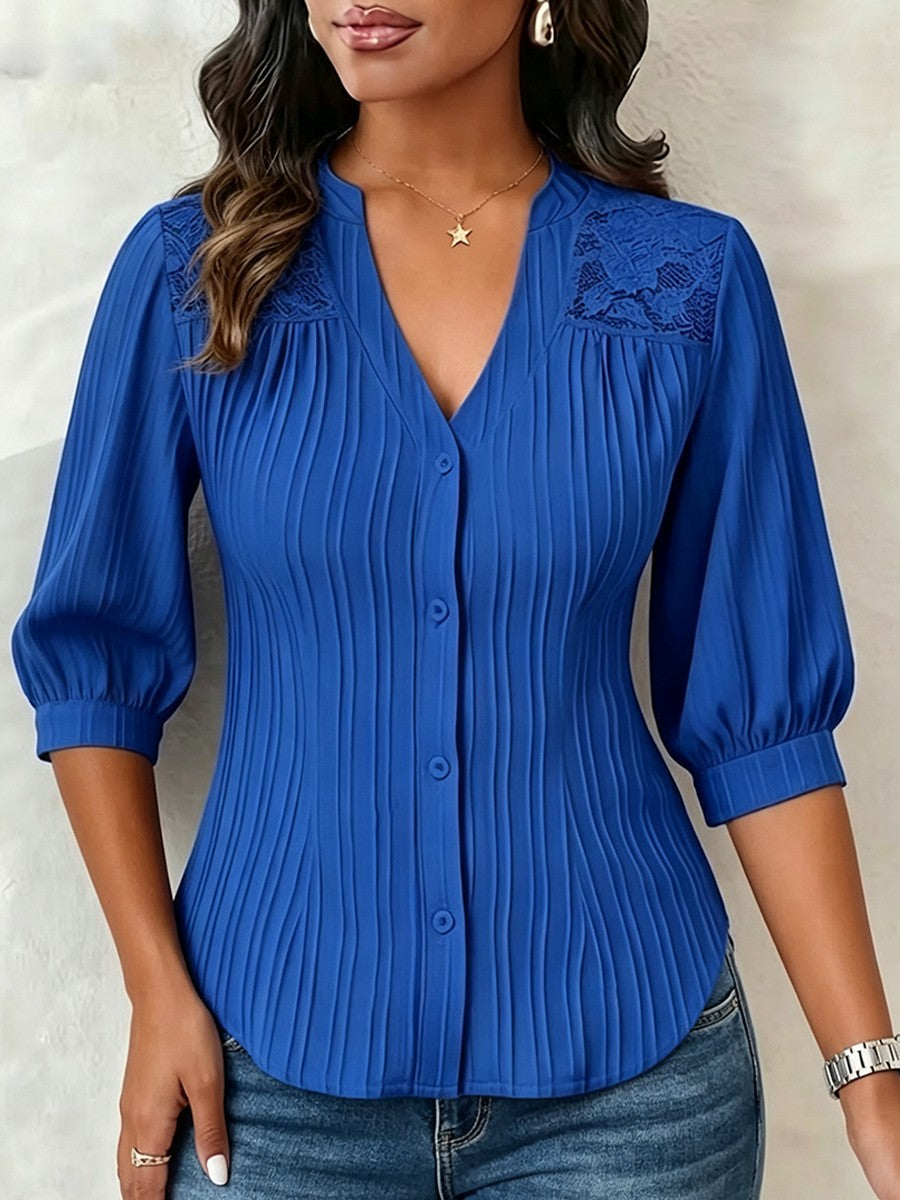 💛Lace-paneled V-neck Blouse Featuring Vertical Pleats, A Fitted Waist, And Puff Three-quarter Sleeves
