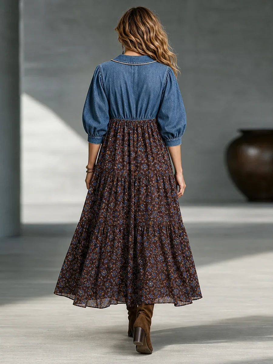 🤲LAST DAY SAVE 49% ⏰Boho-chic Denim Bodice Long Sleeve Floral Tiered Swing Maxi Dress