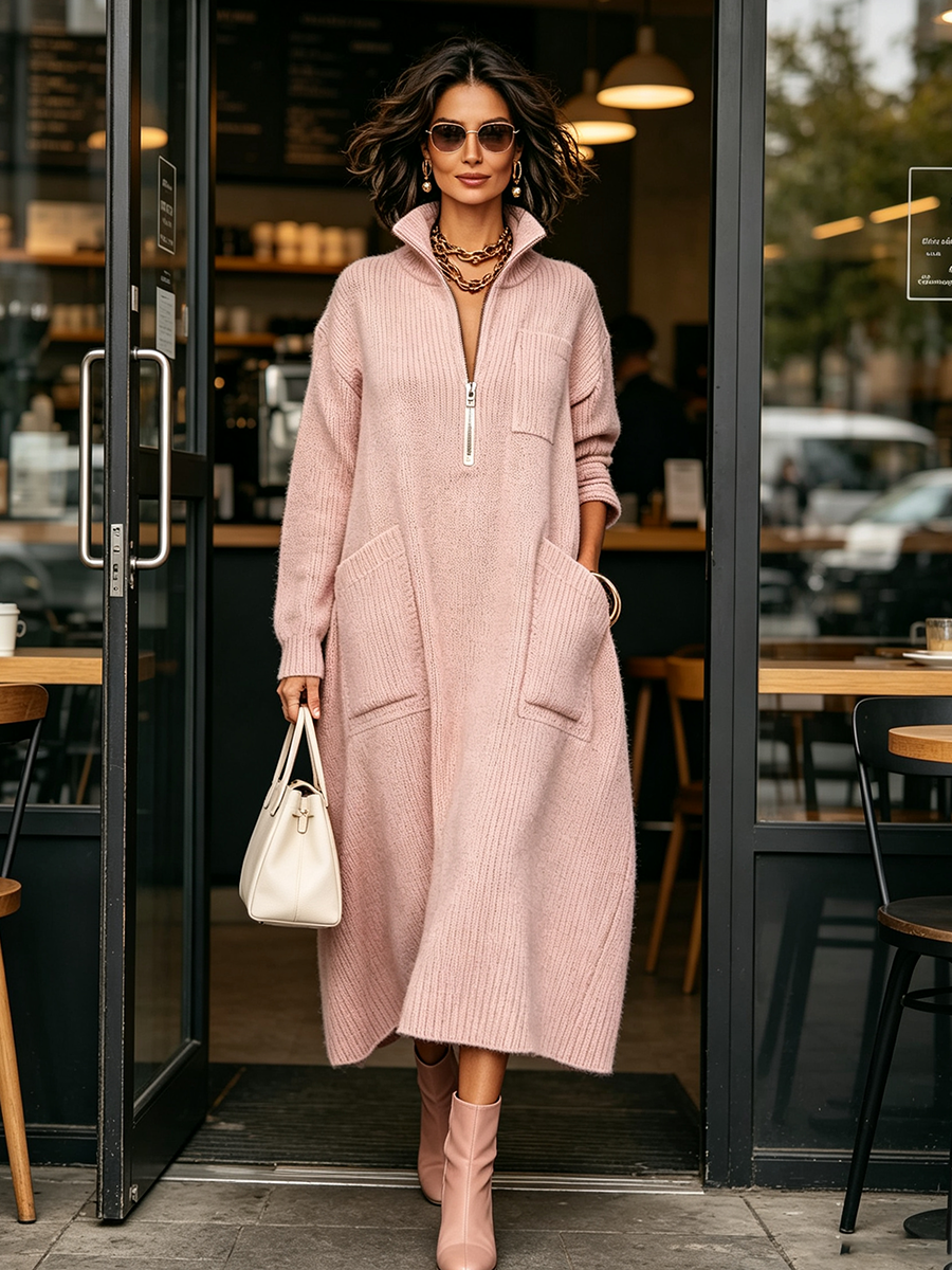 🤲LAST DAY SAVE 49% ⏰Elegant Quarter-zip High Collar Oversized Knit Midi Dress