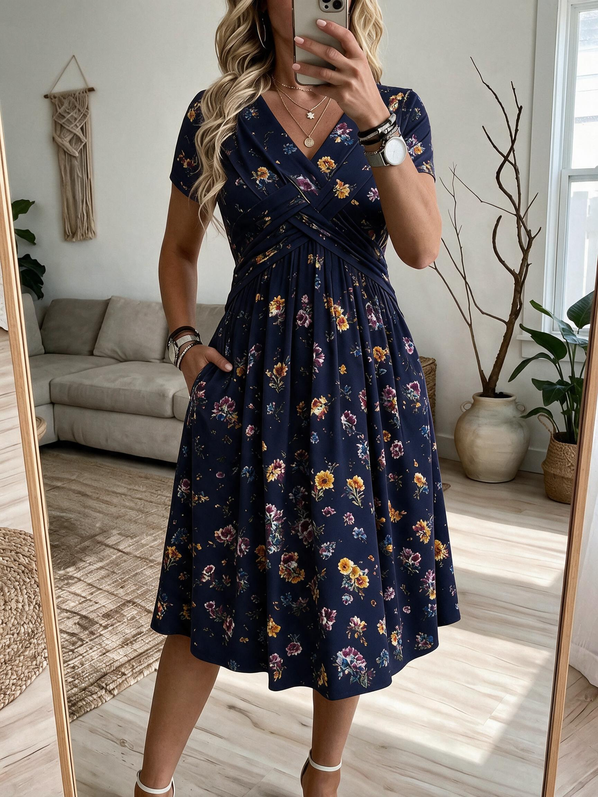 💛Women's V-Neck Floral Print Dress with Twist Waist