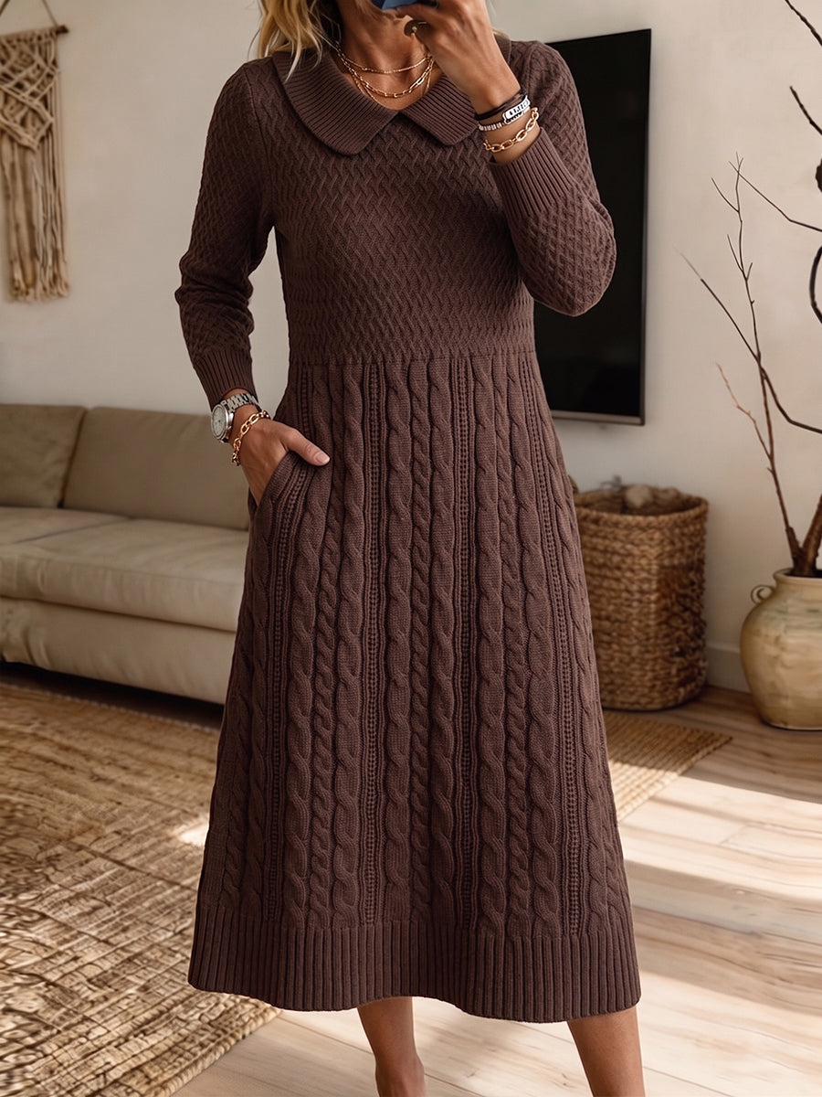 🤲LAST DAY SAVE 49% ⏰Classic Brown Cable-Knit Collar Midi Dress