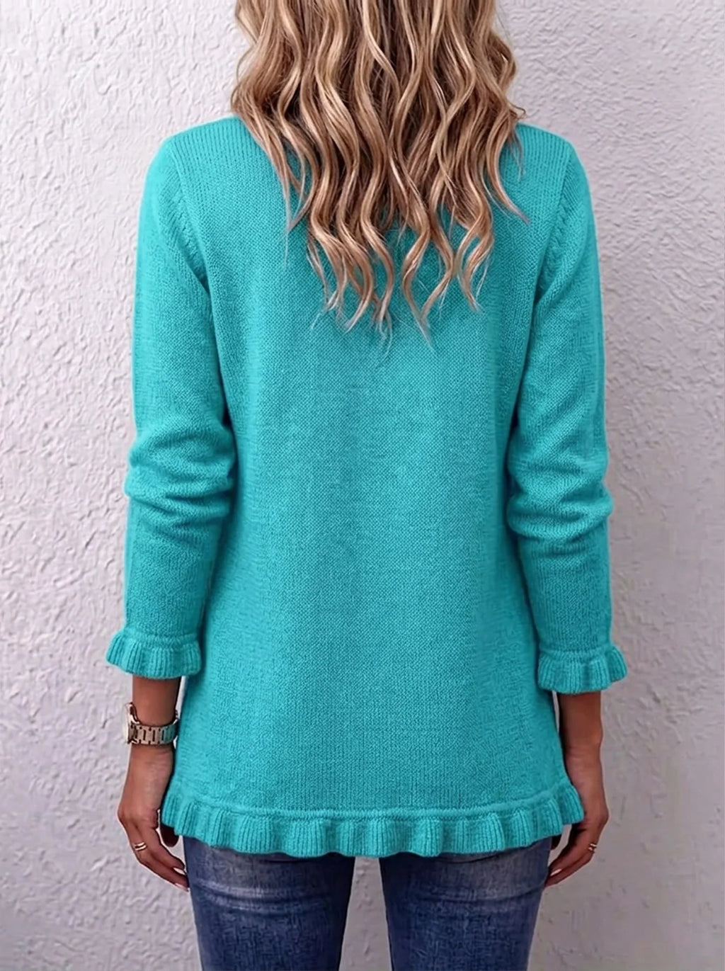 🤲LAST DAY SAVE 49% ⏰Turquoise Ruffle Trim Double-Breasted Knit Cardigan