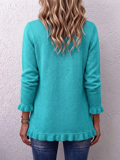 🤲LAST DAY SAVE 49% ⏰Turquoise Ruffle Trim Double-Breasted Knit Cardigan