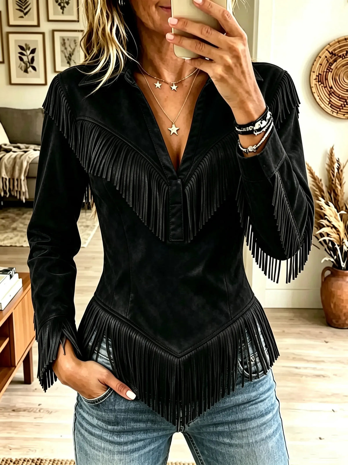 🤲LAST DAY SAVE 49% ⏰Women's Western Fringe Suede Pointed Hem Top