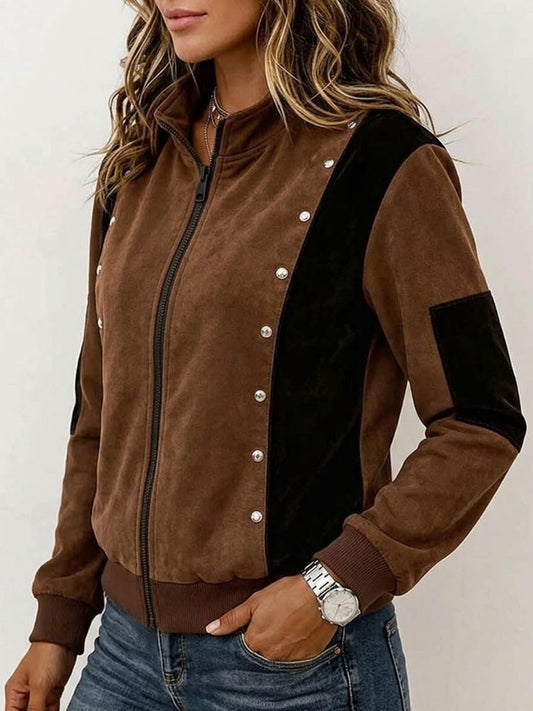 💛LAST DAY SAVE 49% ⏰Women's Color-block Stand-collar Long-sleeve Studded Loose Casual Cardigan