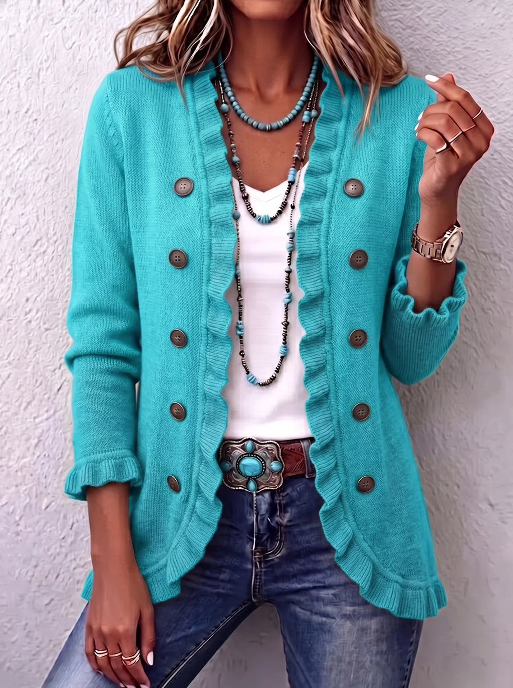 🤲LAST DAY SAVE 49% ⏰Turquoise Ruffle Trim Double-Breasted Knit Cardigan