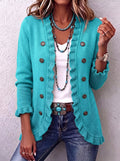 🤲LAST DAY SAVE 49% ⏰Turquoise Ruffle Trim Double-Breasted Knit Cardigan