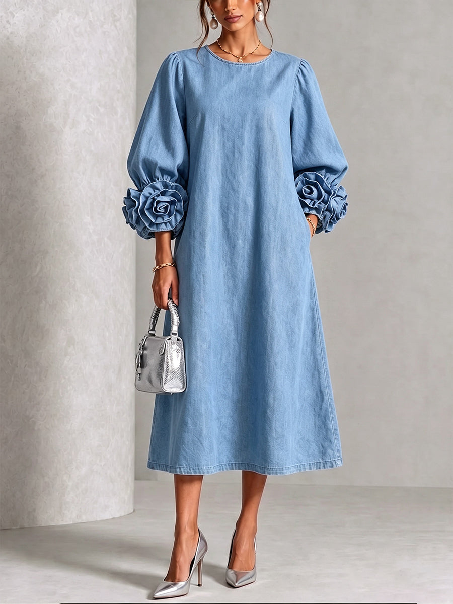 🤲LAST DAY SAVE 49% ⏰Chic Chambray Denim 3D Rosette Sleeve Midi Dress