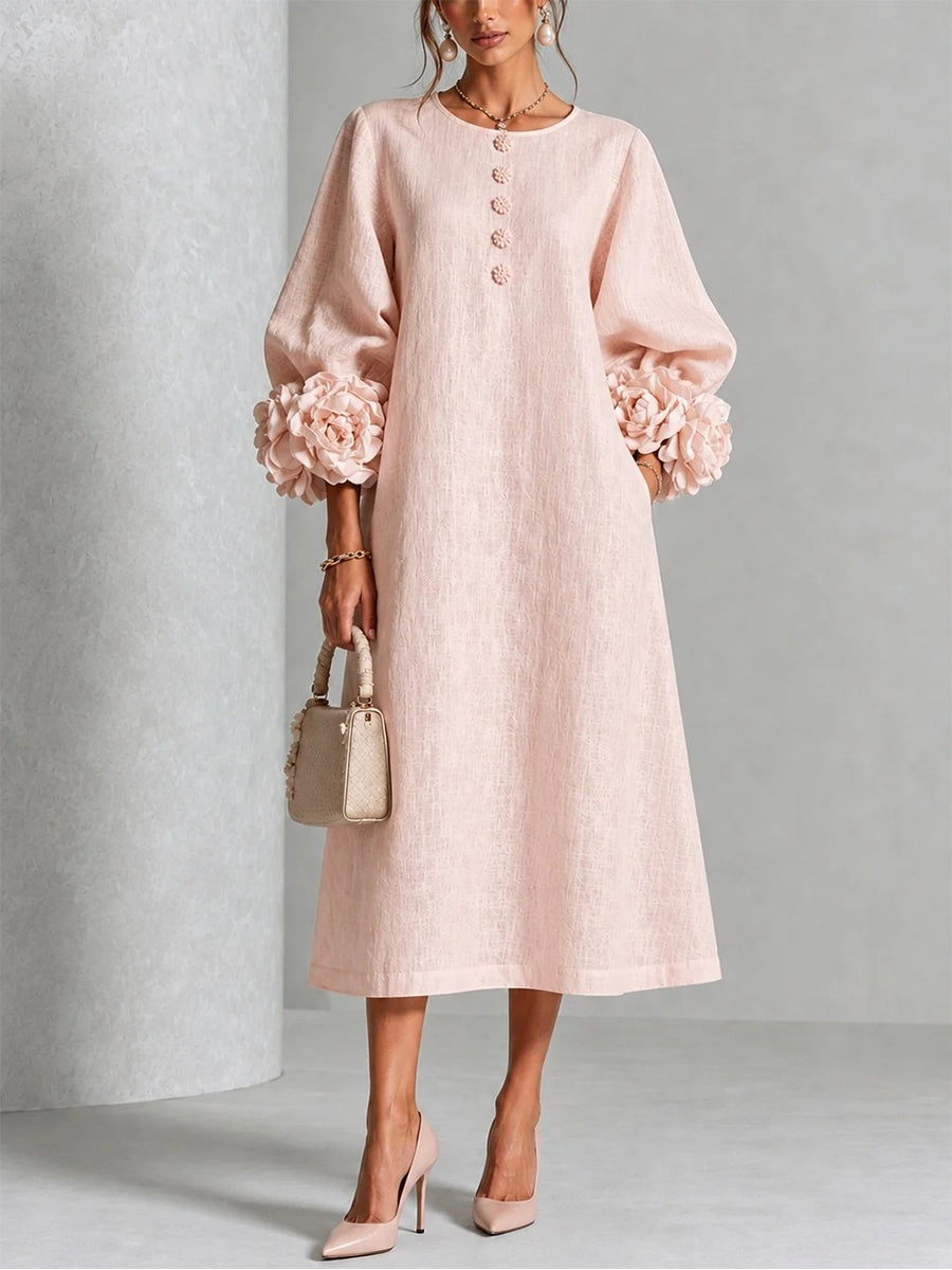 🤲LAST DAY SAVE 49% ⏰3D Floral Cuff Midi Dress – Relaxed A-Line Button Front