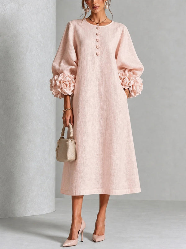 🤲LAST DAY SAVE 49% ⏰3D Floral Cuff Midi Dress – Relaxed A-Line Button Front— FREE Handbag