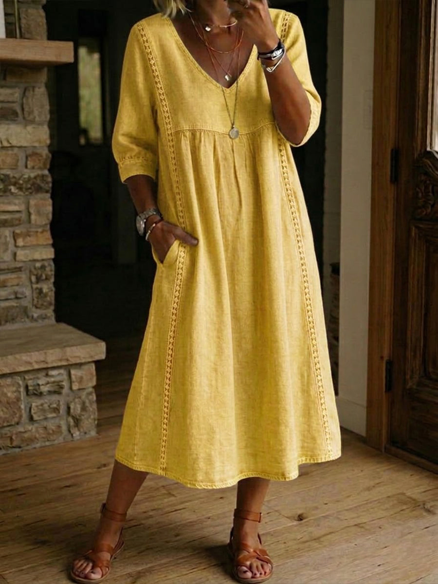 🤲Casual Loose-fitting Patchwork Lace Trim Linen And Cotton Dress
