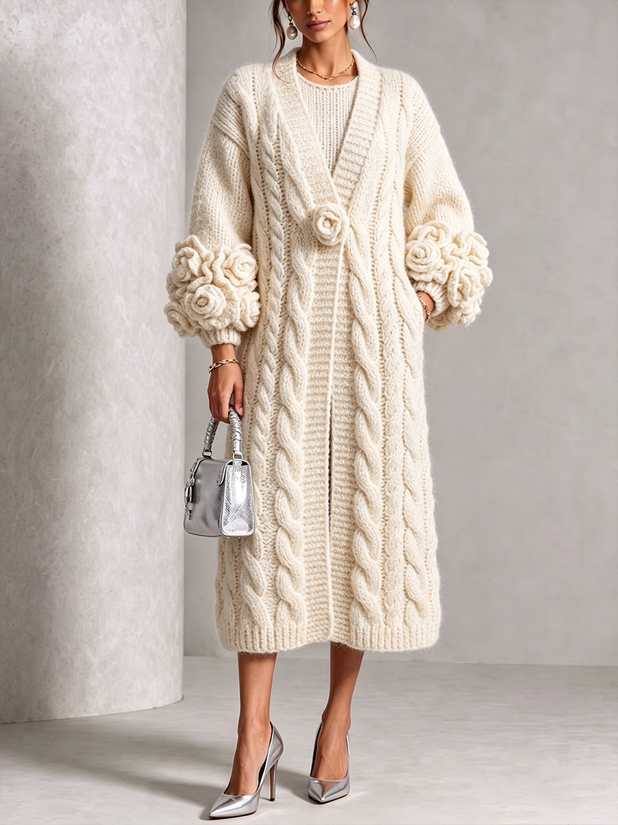 🤲LAST DAY SAVE 49% ⏰Chic Cream Floral Accented Cable-Knit Cardigan