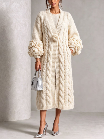 🤲LAST DAY SAVE 49% ⏰Chic Cream Floral Accented Cable-Knit Cardigan— FREE Handbag