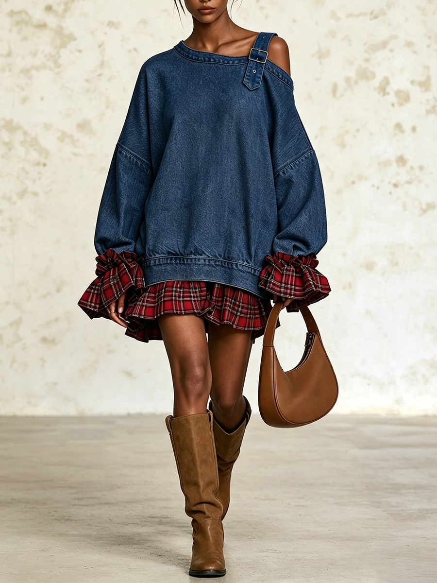 🤲LAST DAY SAVE 49% ⏰Edgy Buckle Strap Asymmetrical Denim Mini Dress