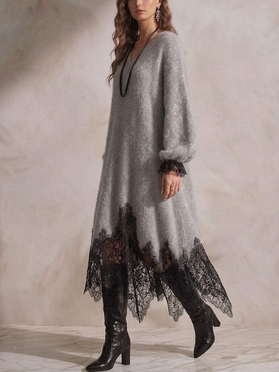 💛LAST DAY SAVE 49% ⏰Women's V-neck Long-sleeve Casual Loose-fit Knit Dress With Lace Paneling And Subtle Shimmer-✨FREE Handbag