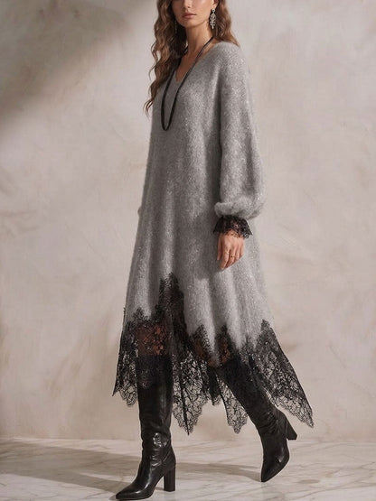 💛LAST DAY SAVE 49% ⏰Women's V-neck Long-sleeve Casual Loose-fit Knit Dress With Lace Paneling And Subtle Shimmer-✨FREE Handbag
