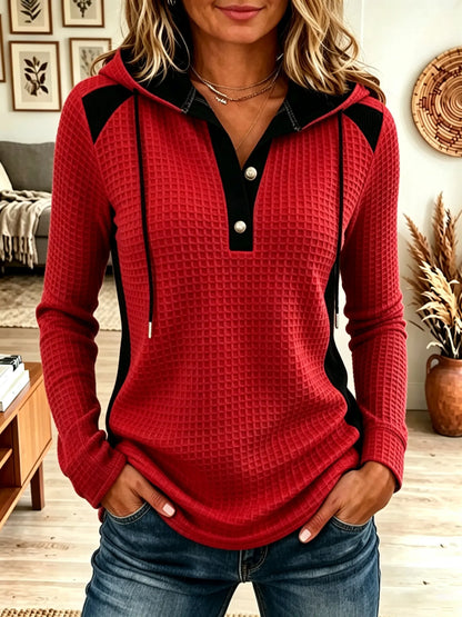 💛LAST DAY SAVE 49% ⏰Women's Waffle Knit Colorblock Henley Hoodie