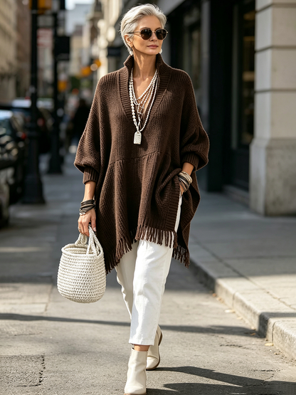 💛LAST DAY SAVE 49% ⏰Elegant Boho Batwing & Fringe Hem Oversized Long Sweater