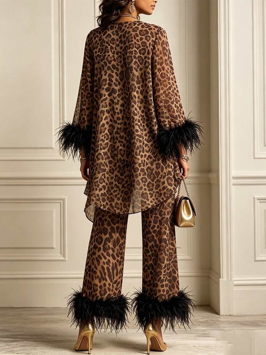 💛LAST DAY SAVE 49% ⏰Chic Leopard Print Feather-Trimmed Two-Piece Set