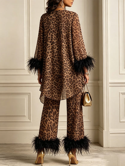 💛LAST DAY SAVE 49% ⏰Chic Leopard Print Feather-Trimmed Two-Piece Set