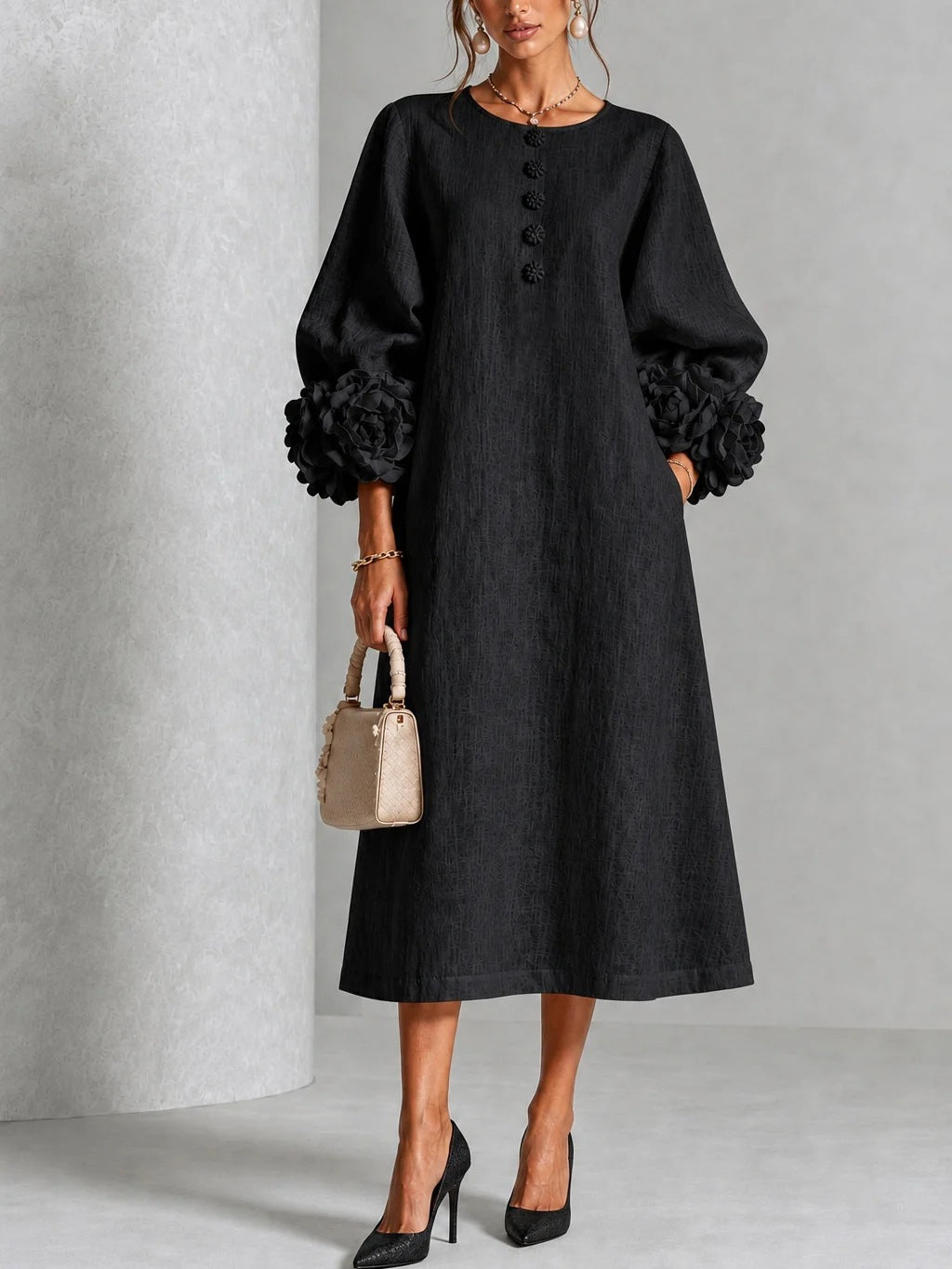 🤲LAST DAY SAVE 49% ⏰3D Floral Cuff Midi Dress – Relaxed A-Line Button Front