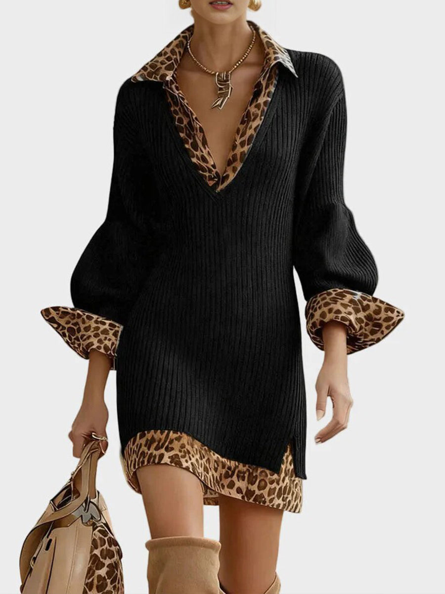 💛Stylish And Cozy Color-block Leopard Print Mini Knit Dress