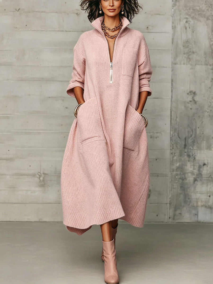 🤲LAST DAY SAVE 49% ⏰Elegant Quarter-zip High Collar Oversized Knit Midi Dress