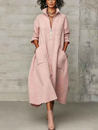 🤲LAST DAY SAVE 49% ⏰Elegant Quarter-zip High Collar Oversized Knit Midi Dress