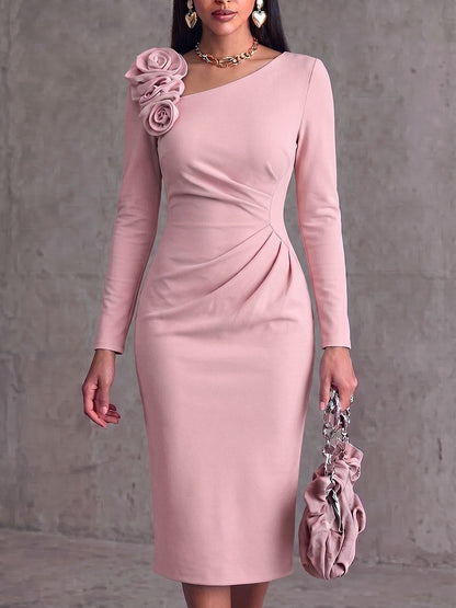 🤲LAST DAY SAVE 49% ⏰Women's Solid Color Asymmetrical Neckline 3d Rose Long Sleeve Casual Loose Dress