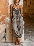 🤲LAST DAY SAVE 49% ⏰Women's V-neck Sleeveless Wide-leg Jumpsuit — Casual, Loose-fit Cotton-linen Blend With Placement Print