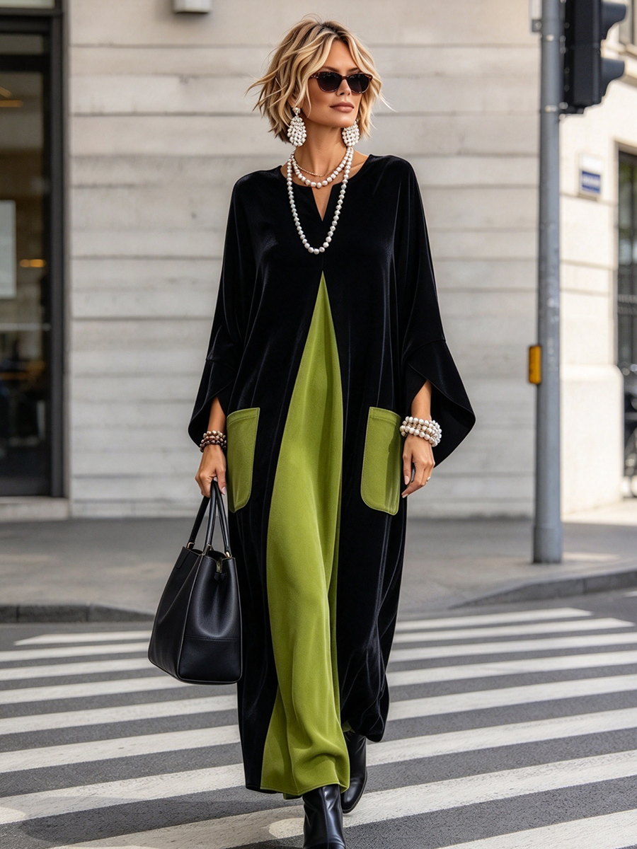 🤲LAST DAY SAVE 49% ⏰Elegant Artistic Cut Color-block Velvet Dress