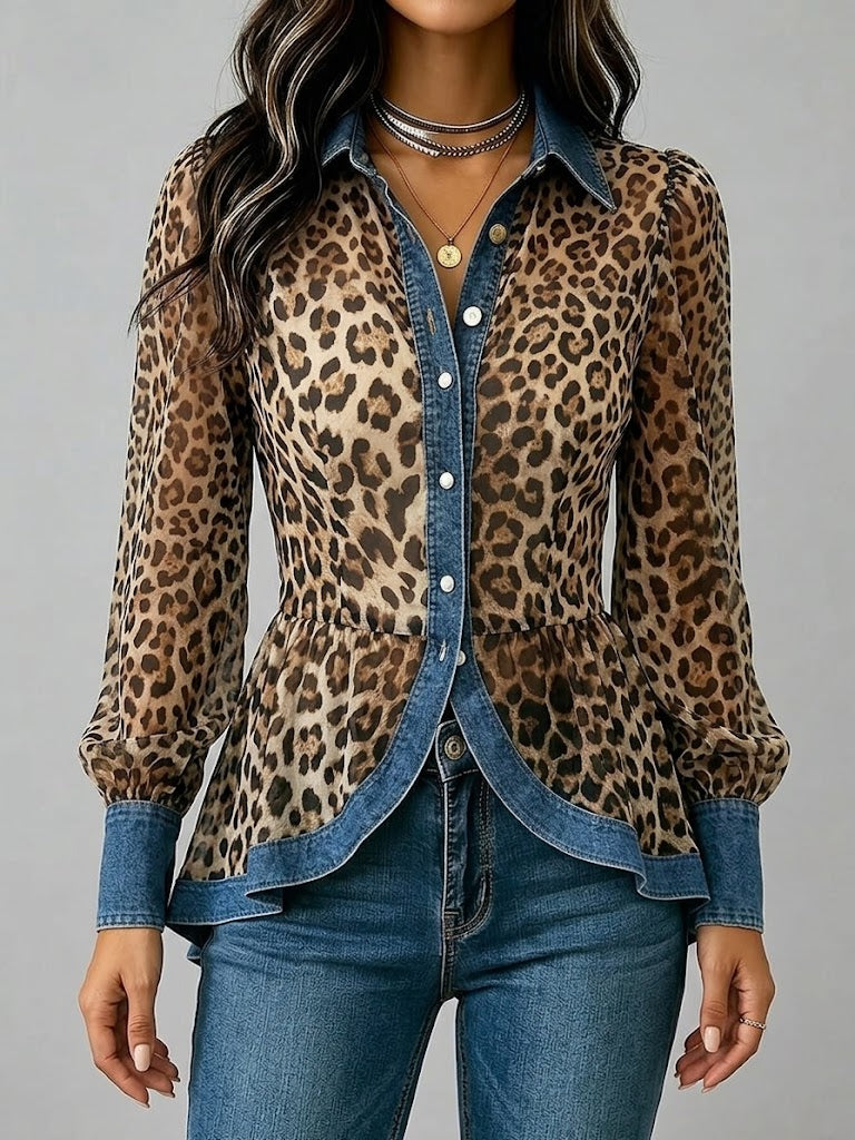 💛Casual & Stylish Spliced denim And Leopard Print Shirt