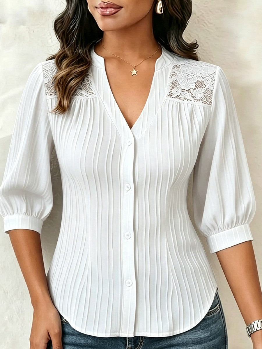 💛Lace-paneled V-neck Blouse Featuring Vertical Pleats, A Fitted Waist, And Puff Three-quarter Sleeves