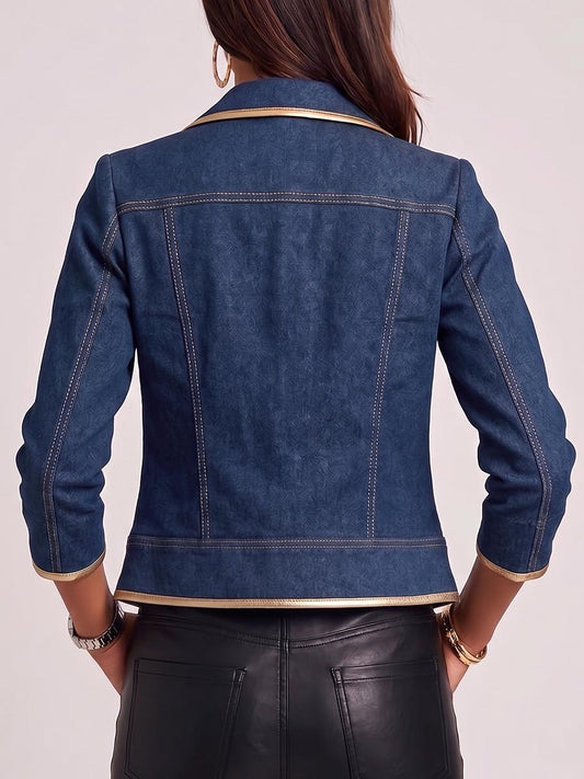 Women's Collared Long-sleeved Casual Loose Round Metal Cutout Denim Jacket
