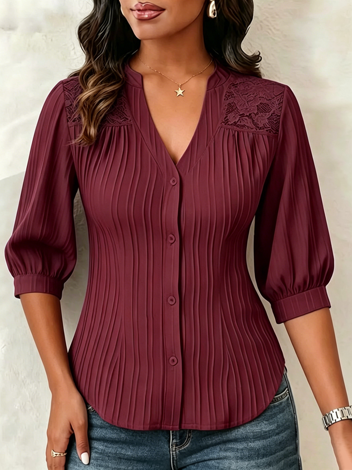 💛Lace-paneled V-neck Blouse Featuring Vertical Pleats, A Fitted Waist, And Puff Three-quarter Sleeves