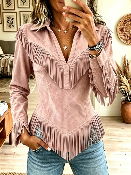 🤲LAST DAY SAVE 49% ⏰Women's Western Fringe Suede Pointed Hem Top
