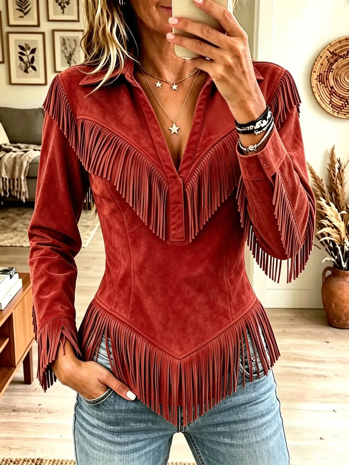 🤲LAST DAY SAVE 49% ⏰Women's Western Fringe Suede Pointed Hem Top
