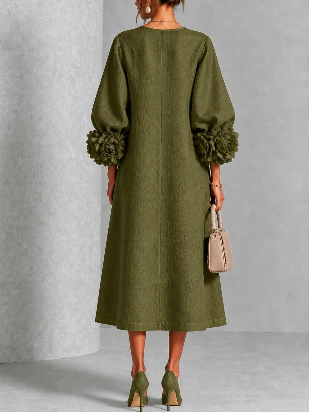 🤲LAST DAY SAVE 49% ⏰Chic Chambray Denim 3D Rosette Sleeve Midi Dress
