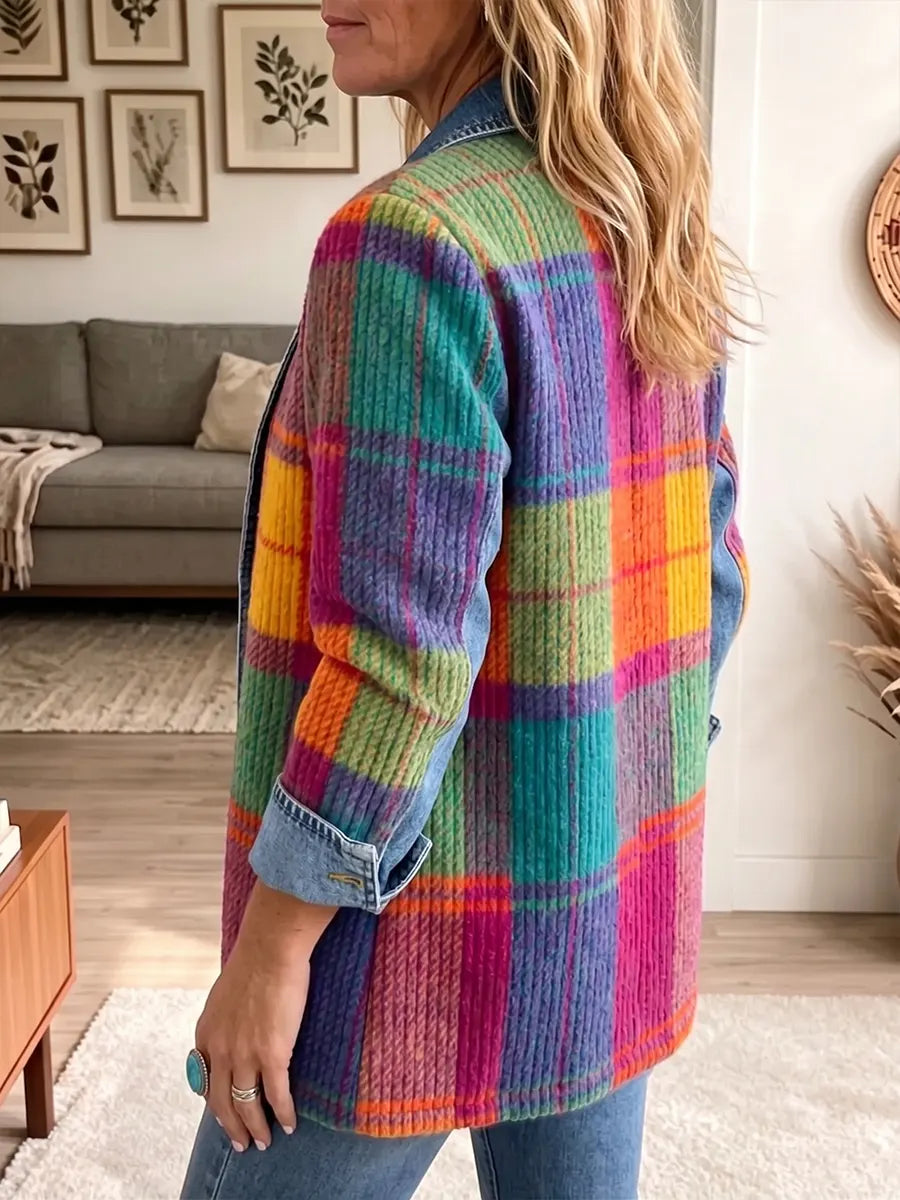 🤲LAST DAY SAVE 49%⏰ Vintage Denim & Plaid Patchwork Jacket – Chic, Versatile & Statement-Making