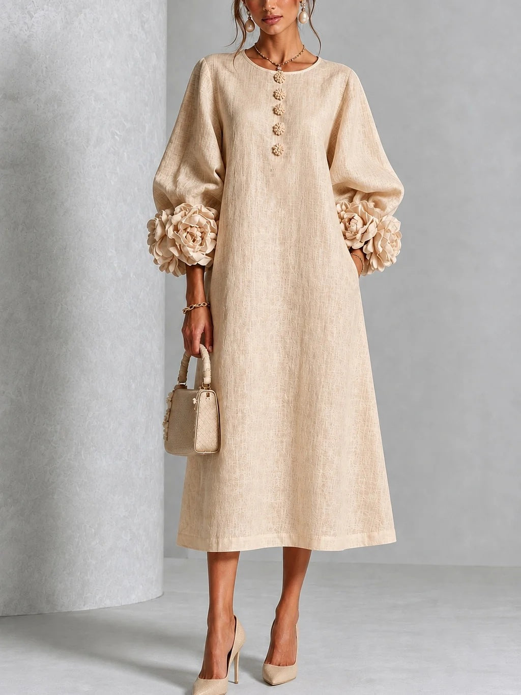 🤲LAST DAY SAVE 49% ⏰3D Floral Cuff Midi Dress – Relaxed A-Line Button Front