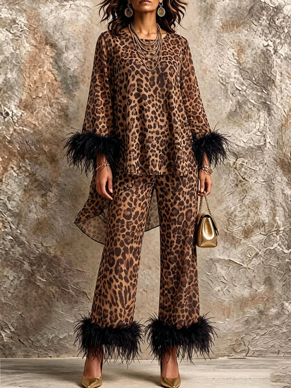 💛LAST DAY SAVE 49% ⏰Chic Leopard Print Feather-Trimmed Two-Piece Set
