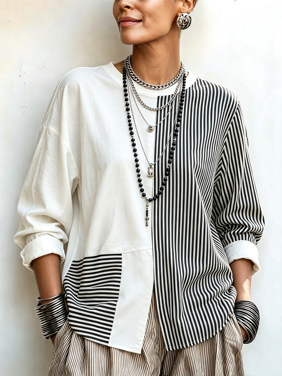 🤲LAST DAY SAVE 49% 🧡Chic Asymmetric Black And White Striped Statement Top